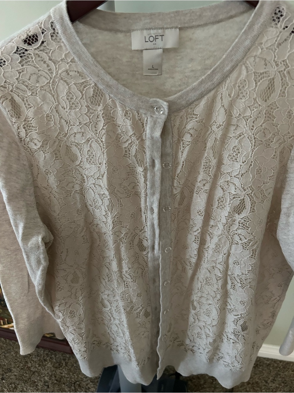 LOFT Cream Lace Front Button Cardigan